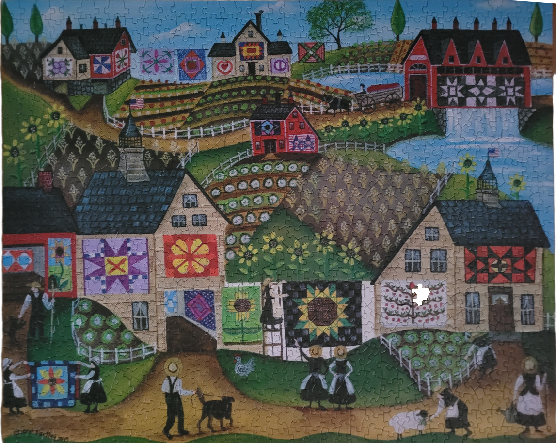 Folk art scene of a rural village with barns, quilt displays, and people in traditional clothing.