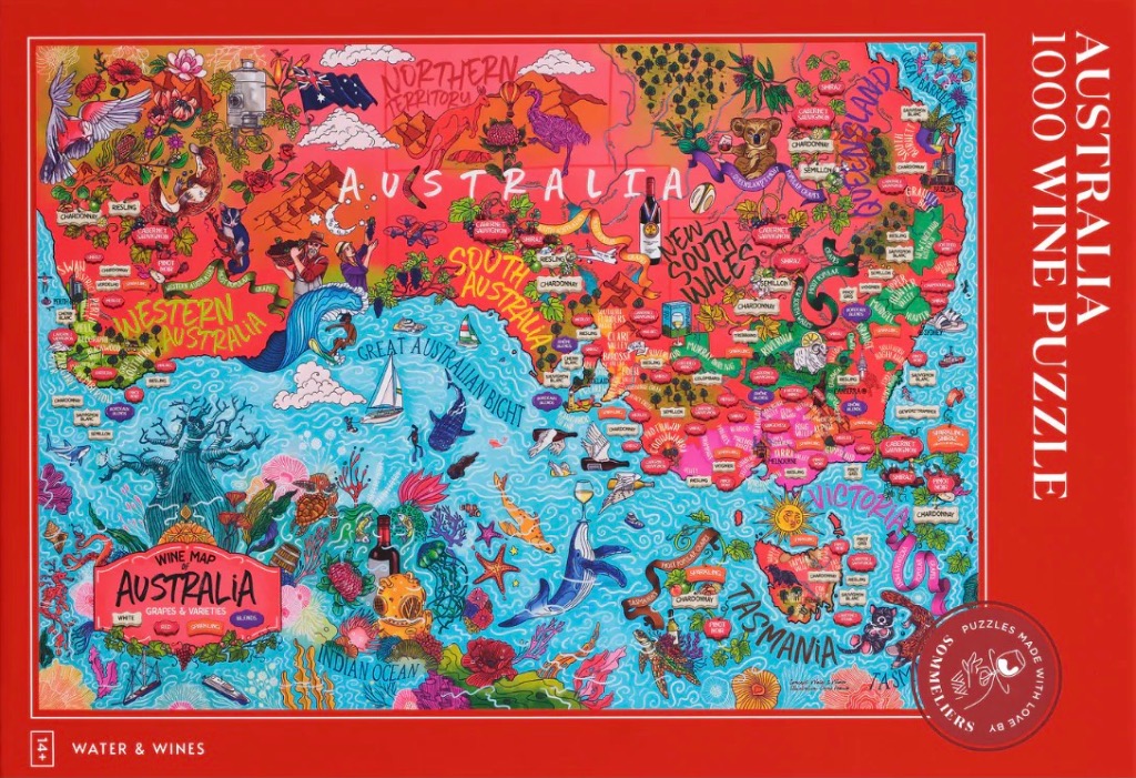 An illustrated, colorful map of Australia featuring diverse wine regions, wildlife, and oceanic scenes.