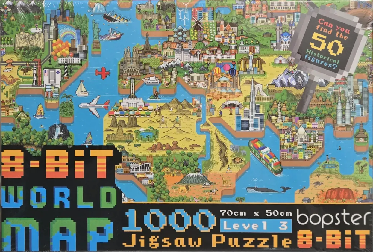 An 8-bit pixel art style world map featuring famous global landmarks and geographical features.