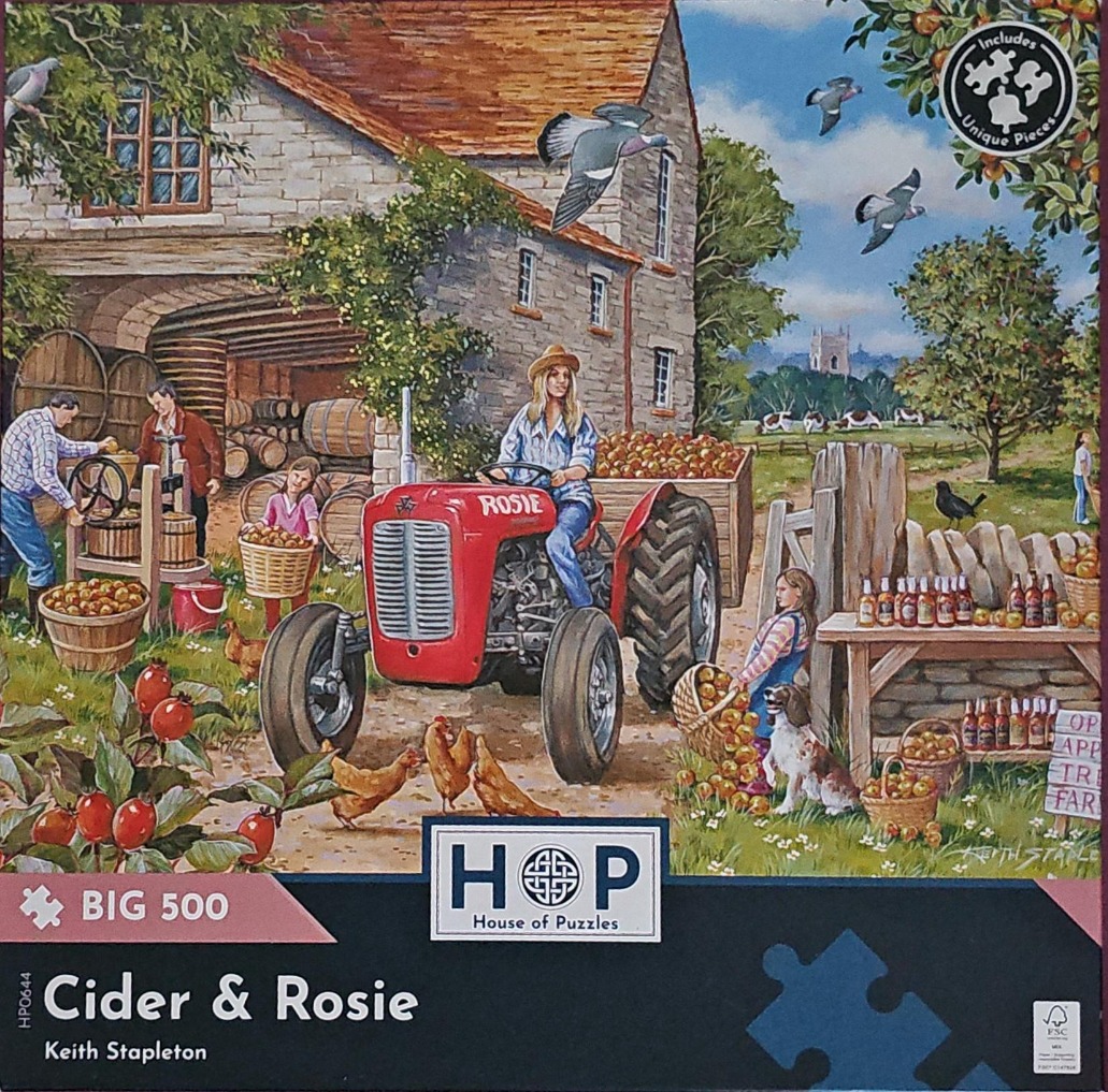 A rural farm scene with a woman driving a red tractor loaded with apples near a stone barn.