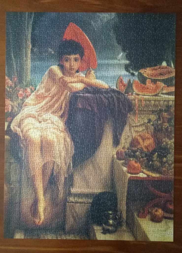 A painting of a young woman in a pale dress holding a red fan, leaning against a stone pedestal with fruit.