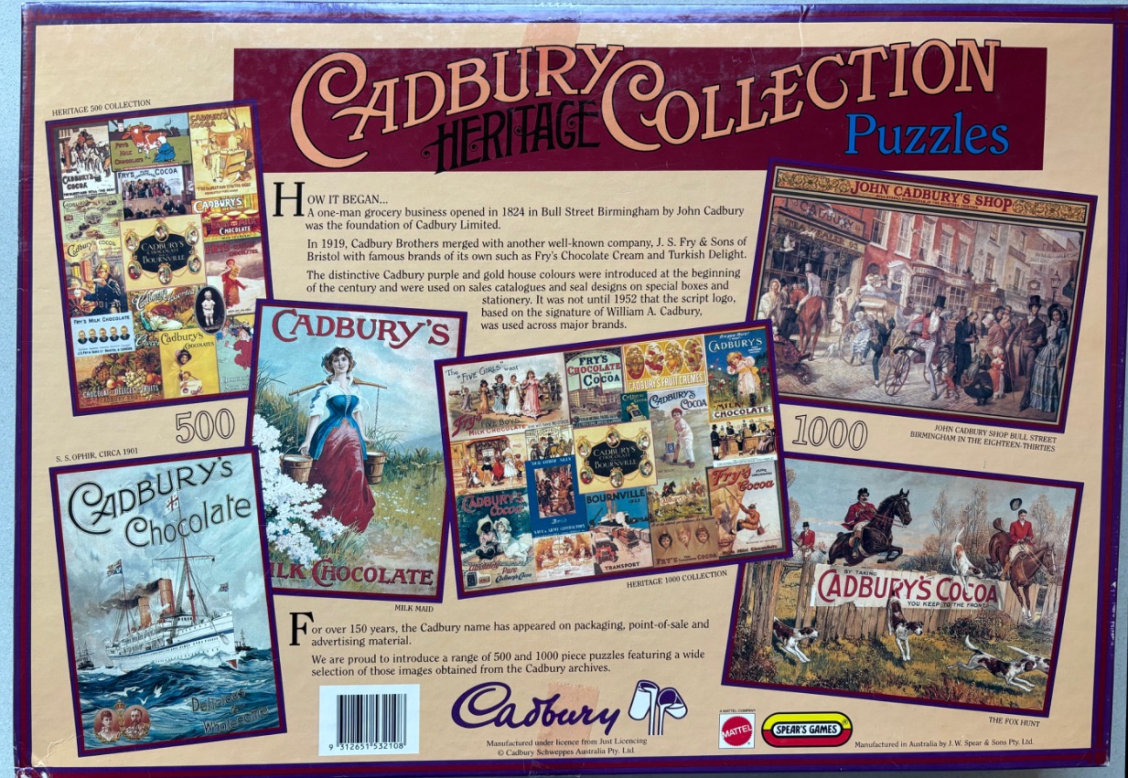 Vintage Cadbury Heritage Collection puzzles featuring historical advertisements, a ship, and a fox hunt scene.
