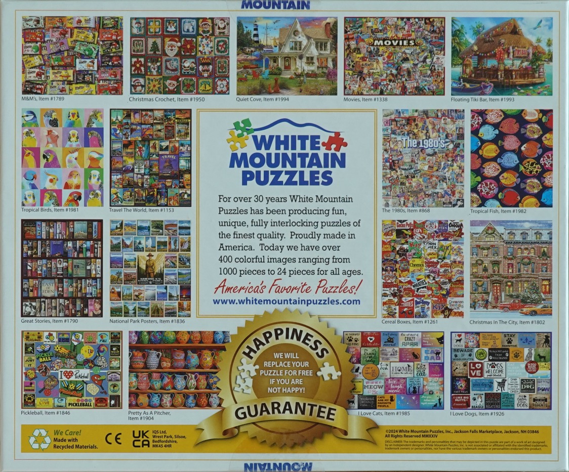 A collage of fourteen different jigsaw puzzle designs arranged in a grid around a central informational block.