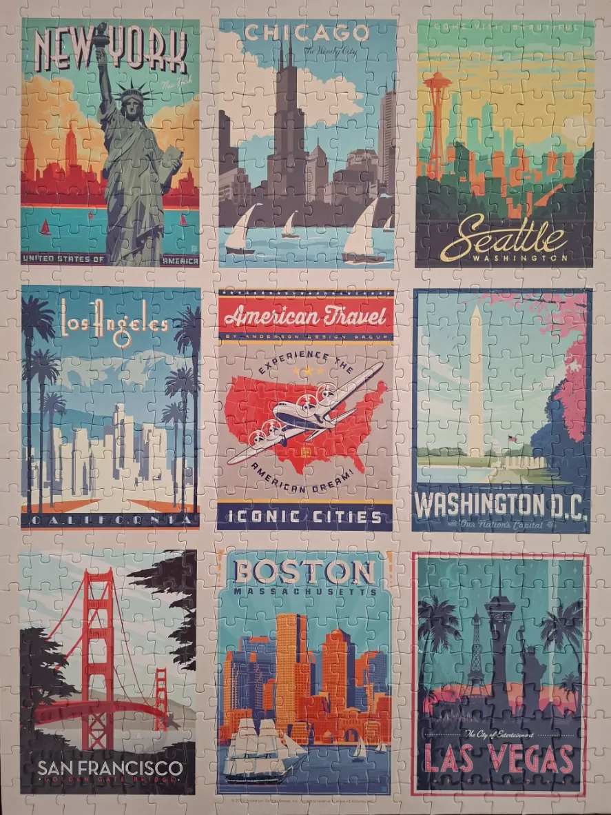 A vintage-style collage of nine travel posters featuring iconic American cities and landmarks.