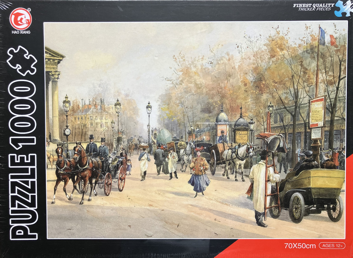 An impressionist-style painting of a bustling 19th-century Parisian boulevard filled with horse-drawn carriages.