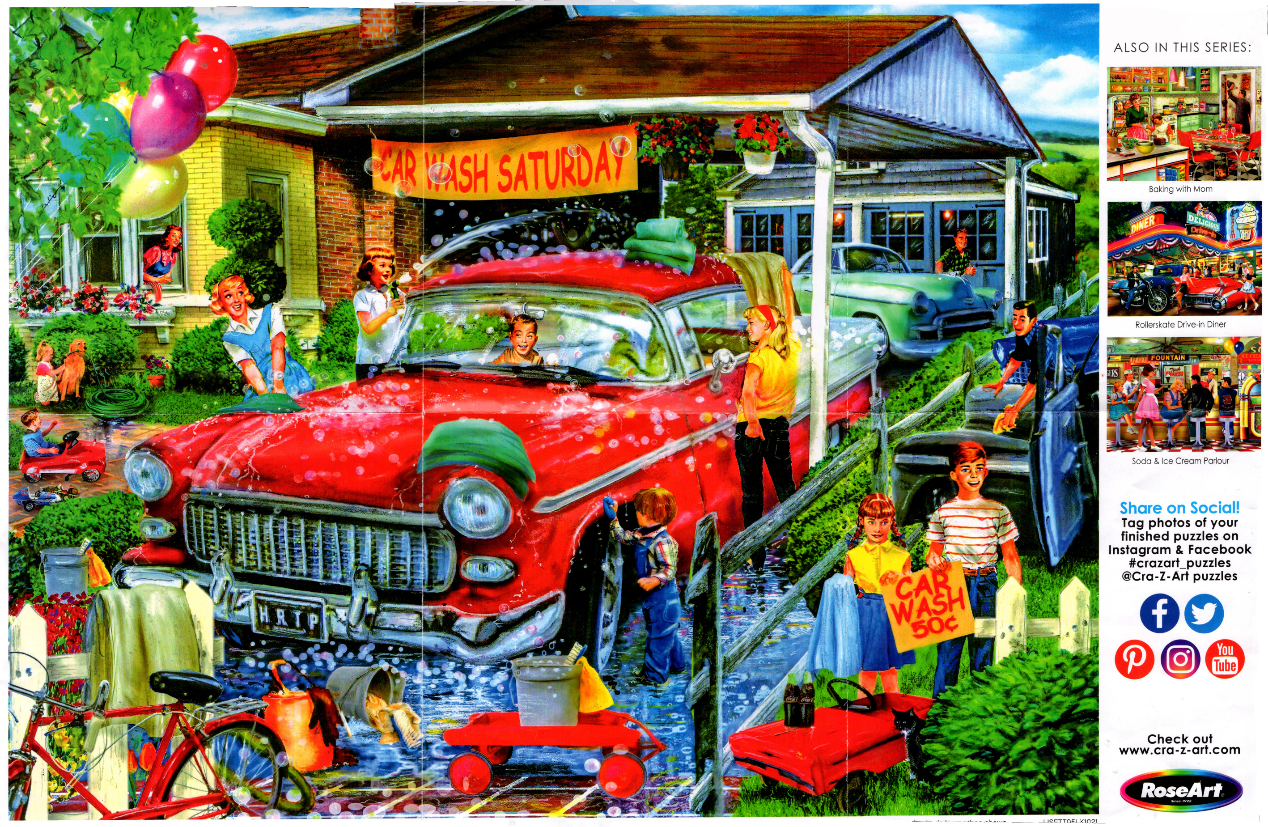A suburban family washing a bright red car in their driveway on a sunny Saturday.