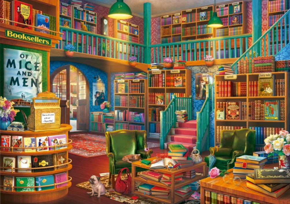 A cozy, multi-level bookshop interior with wooden shelves, green armchairs, a pug, and stacks of books.