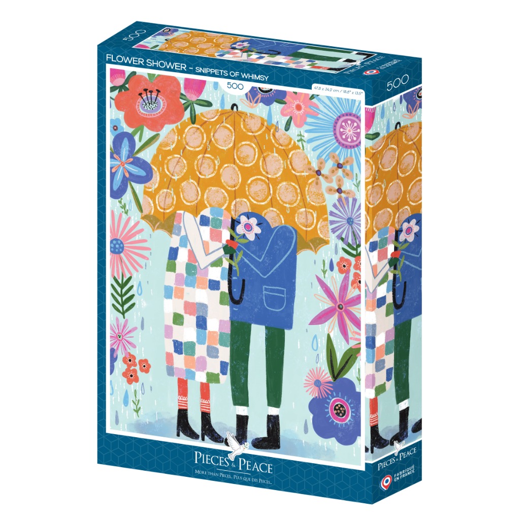 Stylized illustration of a couple sharing a yellow patterned umbrella in a rain shower filled with colorful flowers.