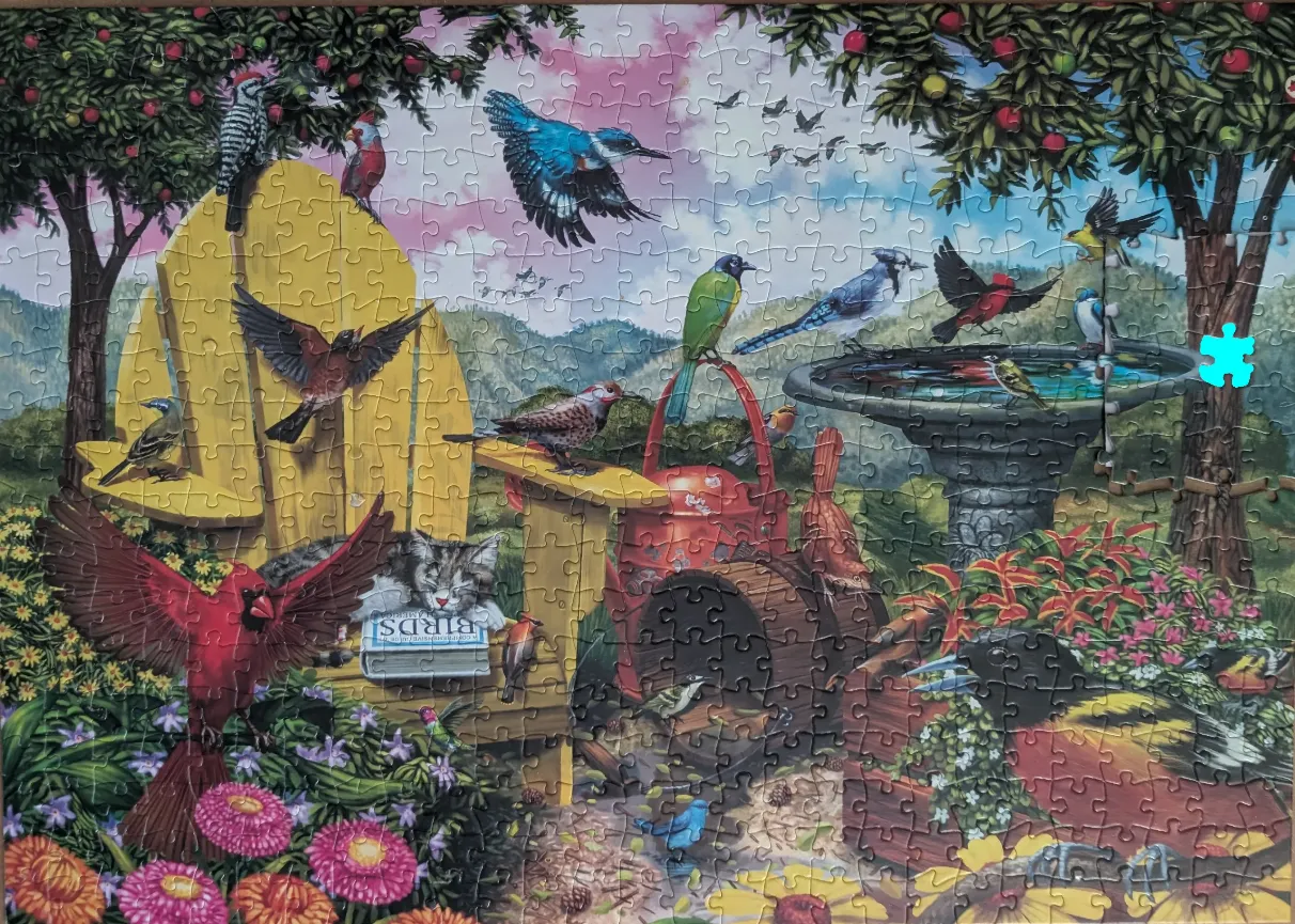 A vibrant garden scene filled with various colorful birds, a sleeping cat, a yellow chair, and a stone birdbath.