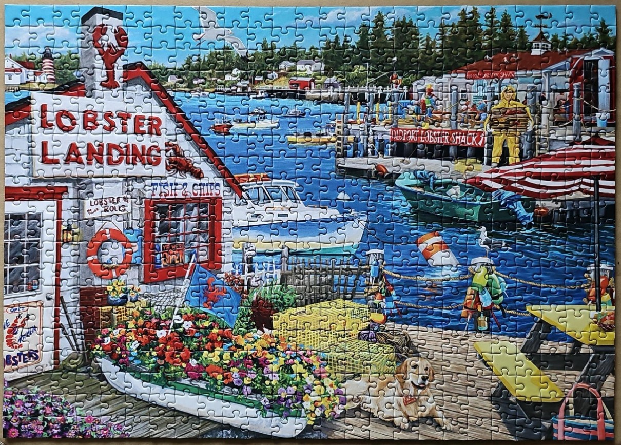 Illustration of a busy coastal lobster shack scene with a fishing boat, flowers, and a golden retriever.