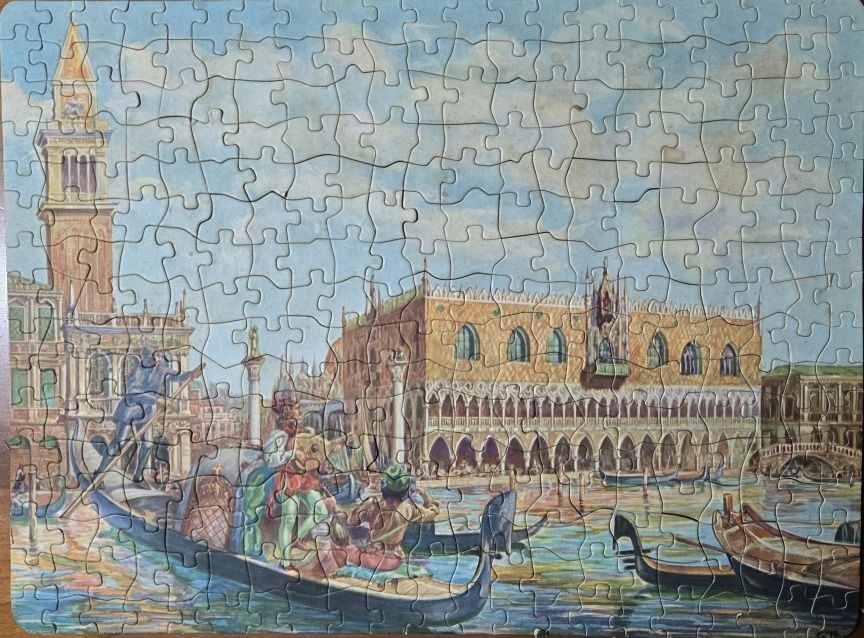 A painting of Venice featuring a gondola on the water with the Doge