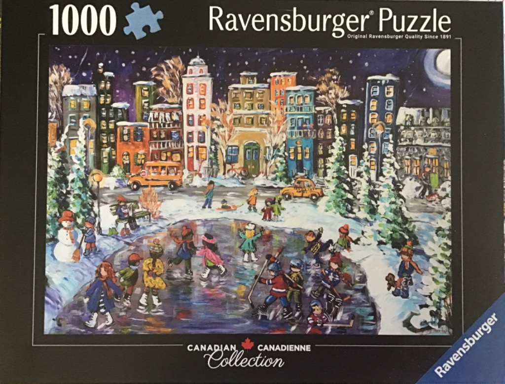 Painting of children ice skating on a frozen pond in front of a colorful city skyline at night.