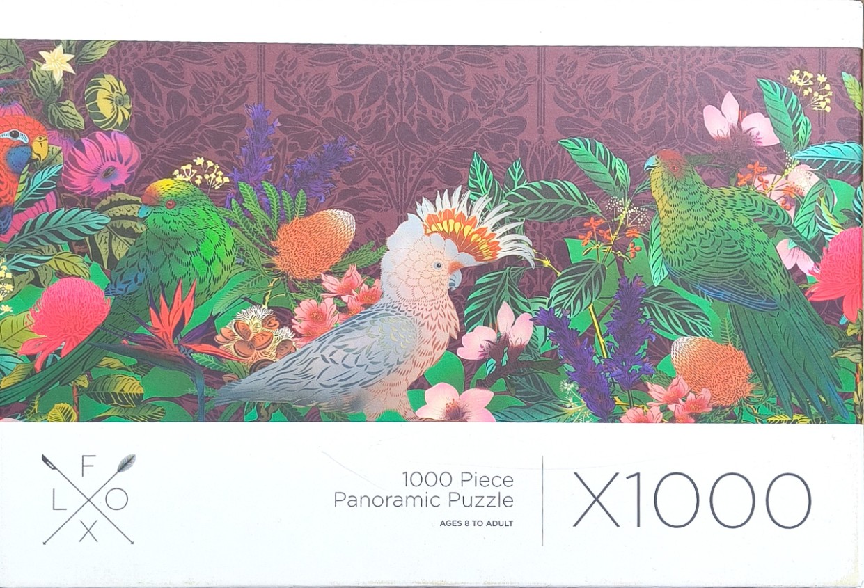 A panoramic illustration of tropical birds and native flowers on a dark purple damask-patterned background.