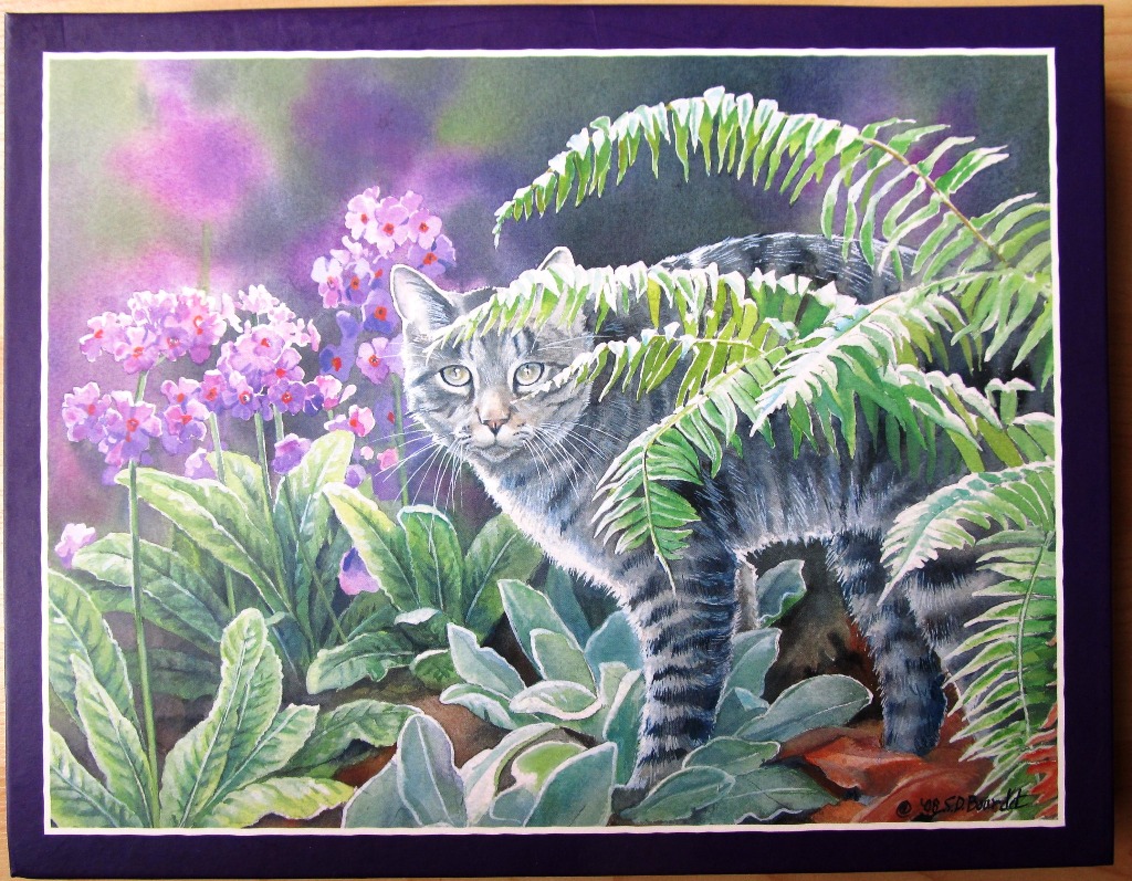 Watercolor painting of a grey tabby cat hiding amongst ferns and purple flowers in a garden.