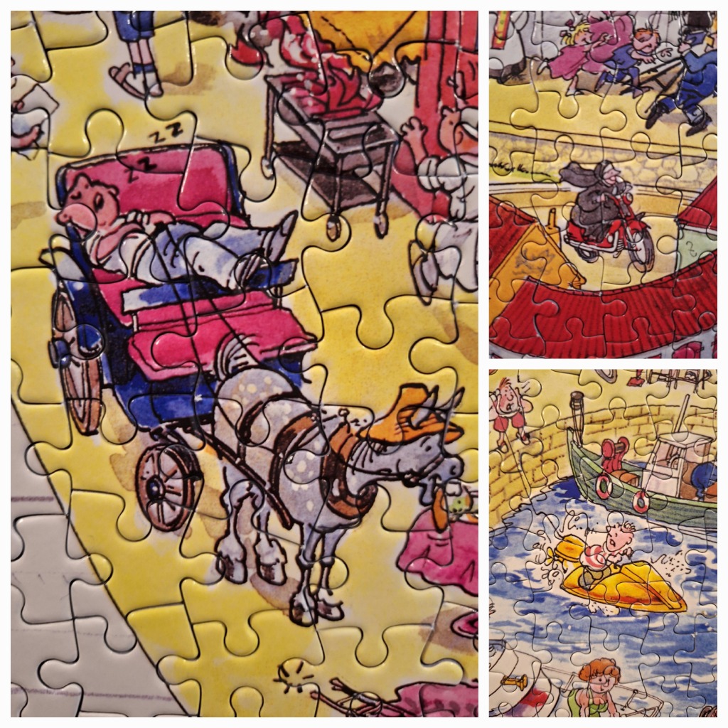 Collage of cartoon vignettes featuring a horse-drawn carriage, a nun on a scooter, and a man on a jet ski.