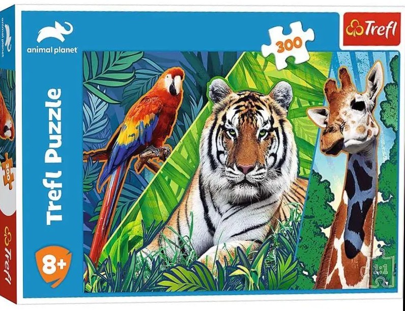 Illustration of a scarlet macaw, a tiger, and a giraffe in a jungle setting