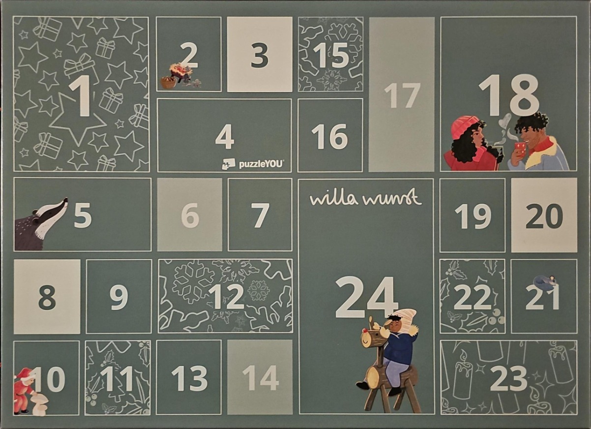 An advent calendar design featuring a grid of numbered boxes on a muted teal background with festive illustrations.