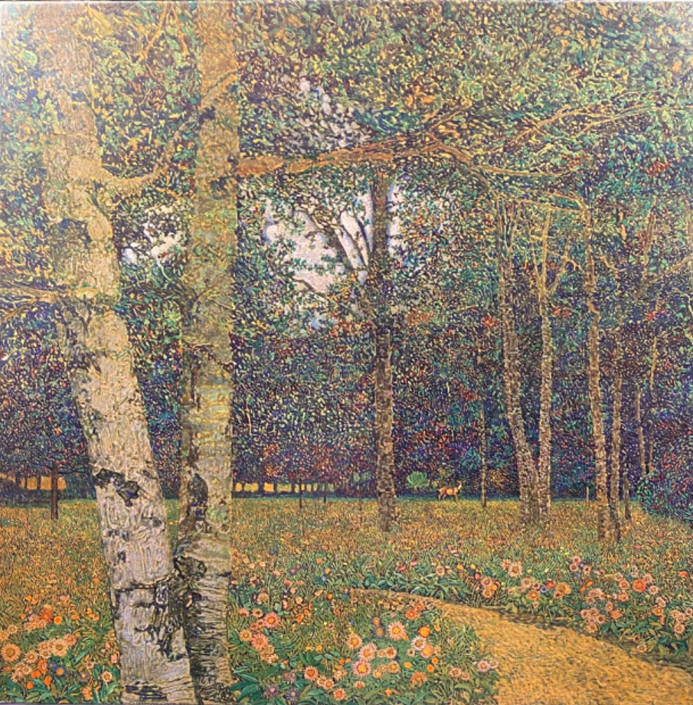 Pointillist painting of a sunlit forest glade with birch trees, a dirt path, and a small deer in the distance.
