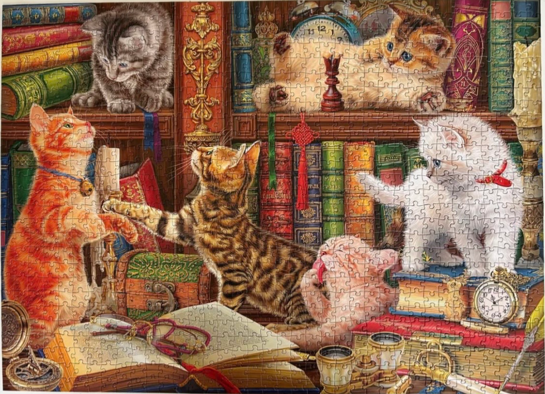 Six kittens playing amidst old books, antique clocks, and navigational instruments in a cozy library setting.