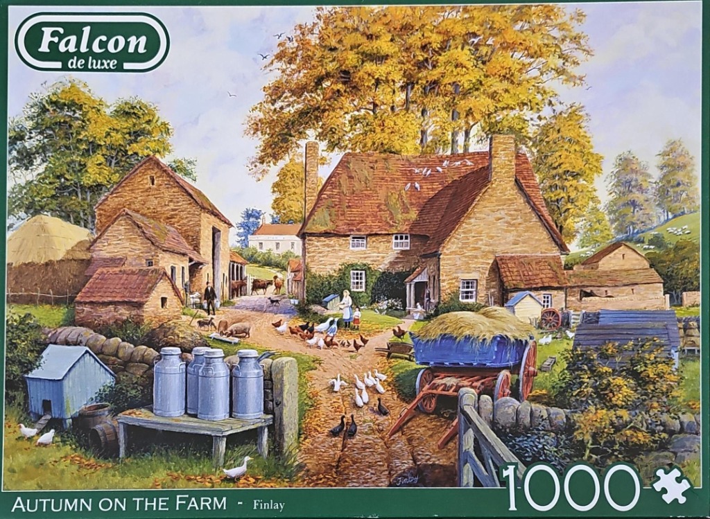 An autumn farmyard scene with stone buildings, a blue cart, and various livestock.