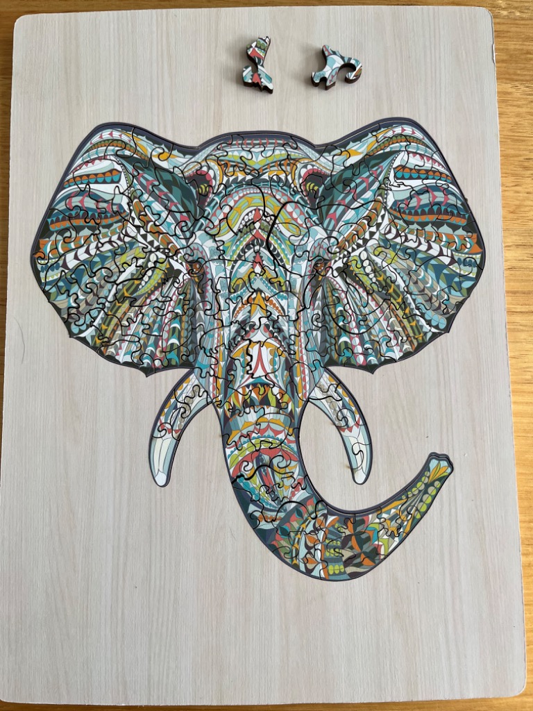 A stylized elephant head illustration with intricate geometric and floral patterns in muted tones.