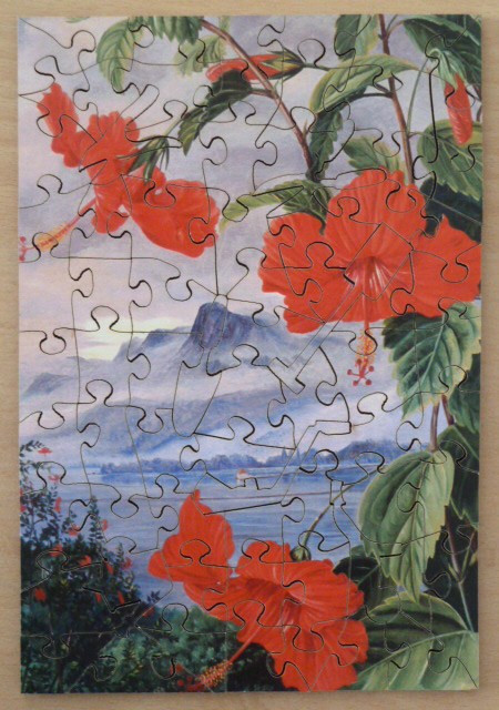 Vibrant red hibiscus flowers framing a tropical mountain and lake landscape in an oil painting style.