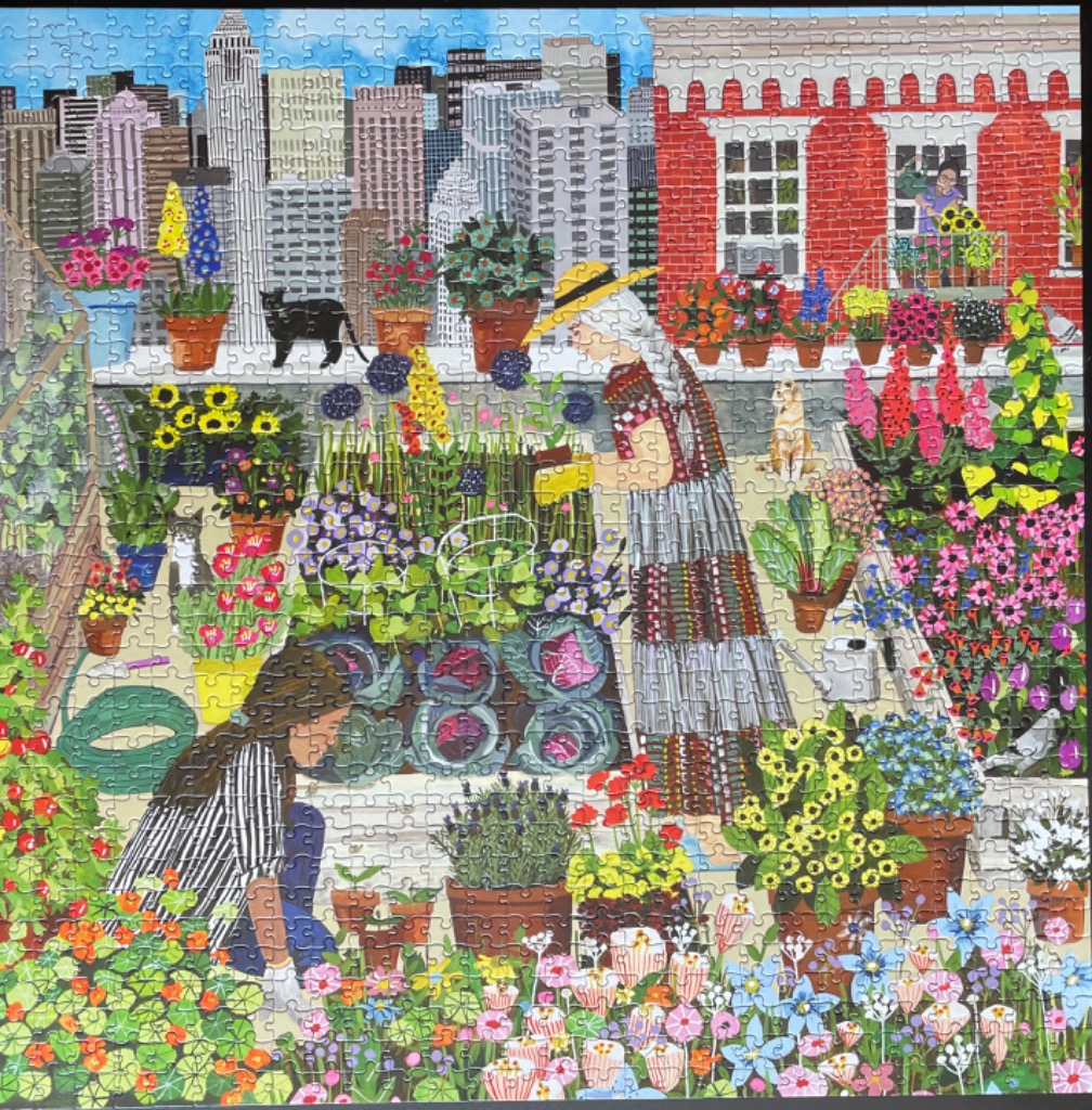 Two women gardening on an urban rooftop terrace with city skyscrapers in the background.