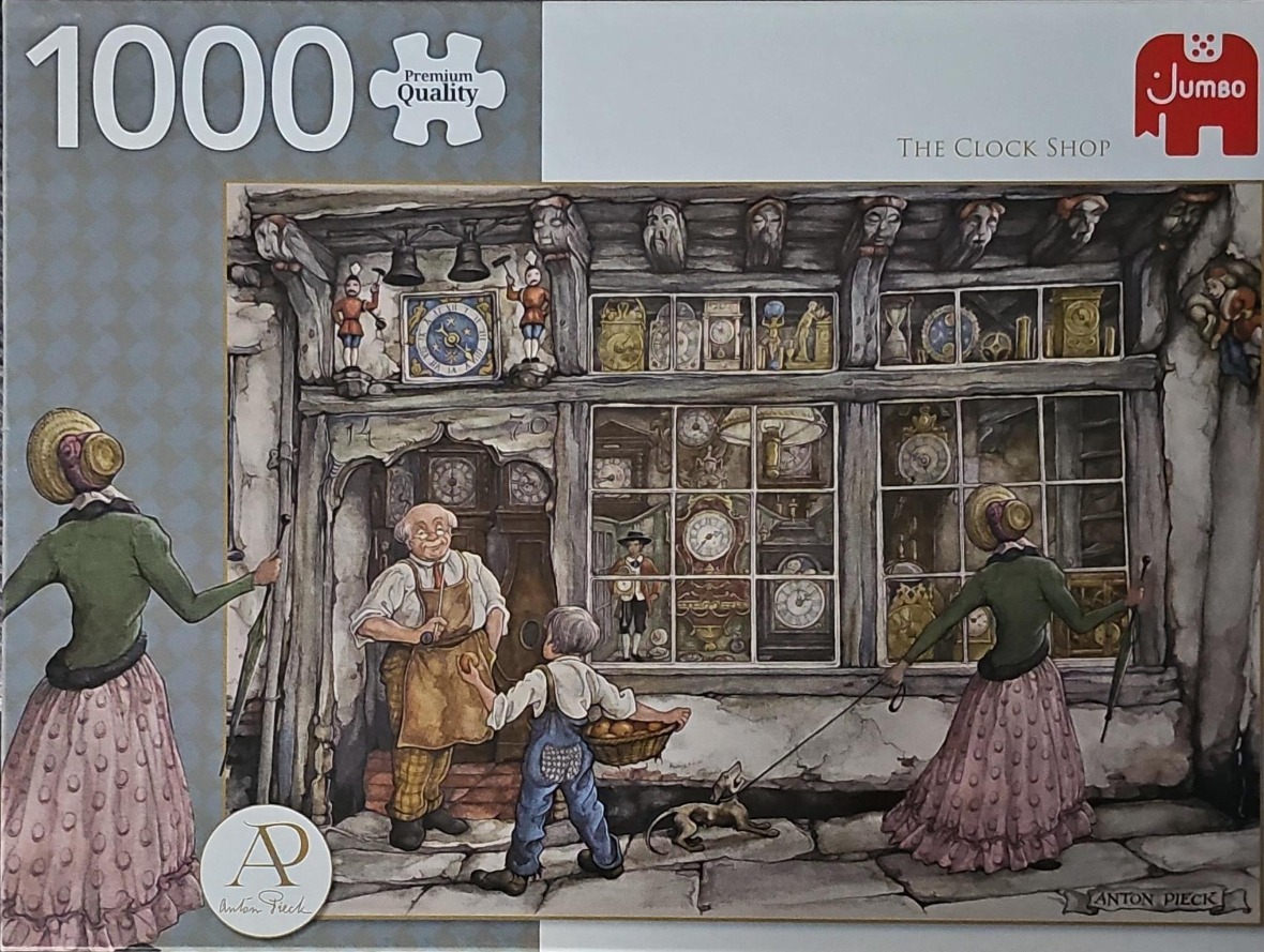 Illustration of an old-fashioned clock shop with a watchmaker, a boy with a basket, and two women in Victorian clothing.