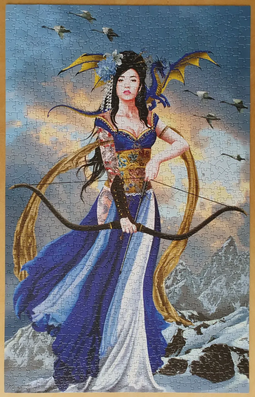 A fantasy illustration of a woman with a blue dragon and a bow standing in a snowy mountain landscape.
