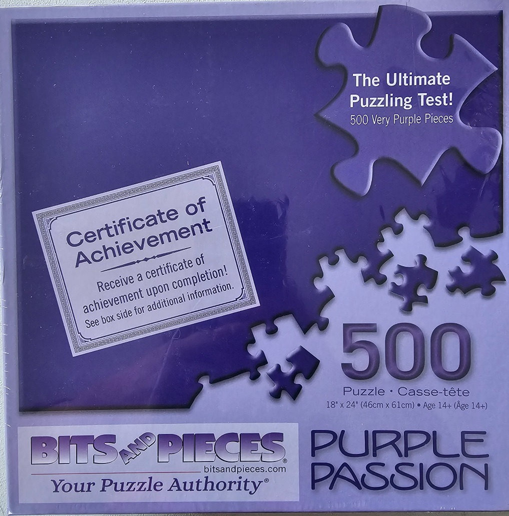 A monochromatic purple graphic featuring jigsaw shapes, the number 500, and a certificate of achievement illustration.