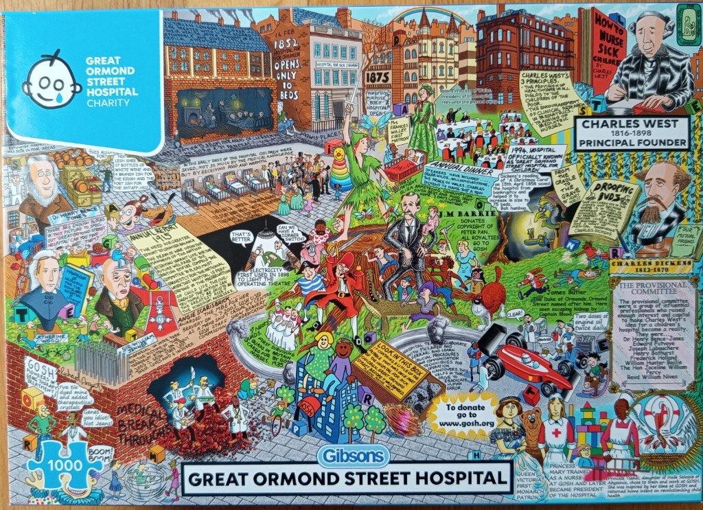 An illustrated, busy collage scene detailing the history and figures of Great Ormond Street Hospital.