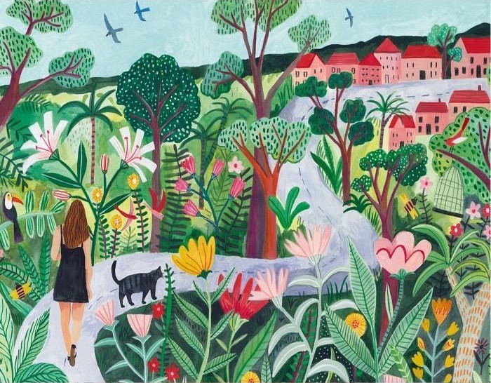 A person in a black dress walking with a cat along a winding path through a lush, vibrant garden toward a small town.