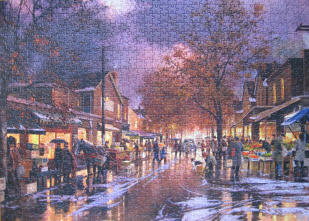 A bustling evening town square with horse-drawn carriages, glowing shops, and people walking on wet streets.