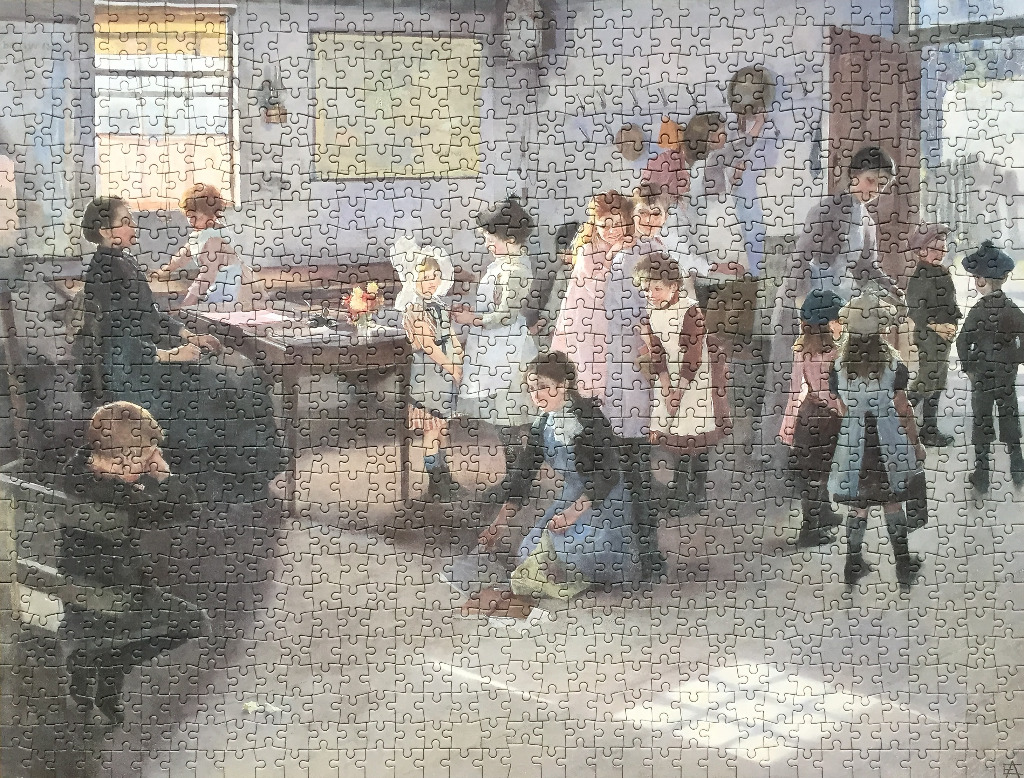 A nostalgic painting of a Victorian-era schoolroom scene with a teacher and children.
