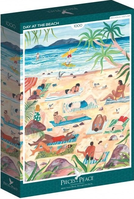 An illustration of a bustling beach scene with people sunbathing on towels and surfers in the ocean.