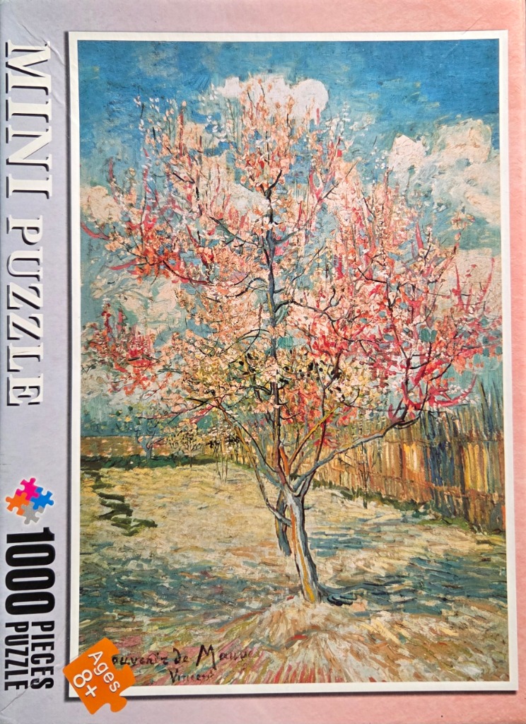 A flowering peach tree in a field painted in an Impressionist style with visible brushstrokes.