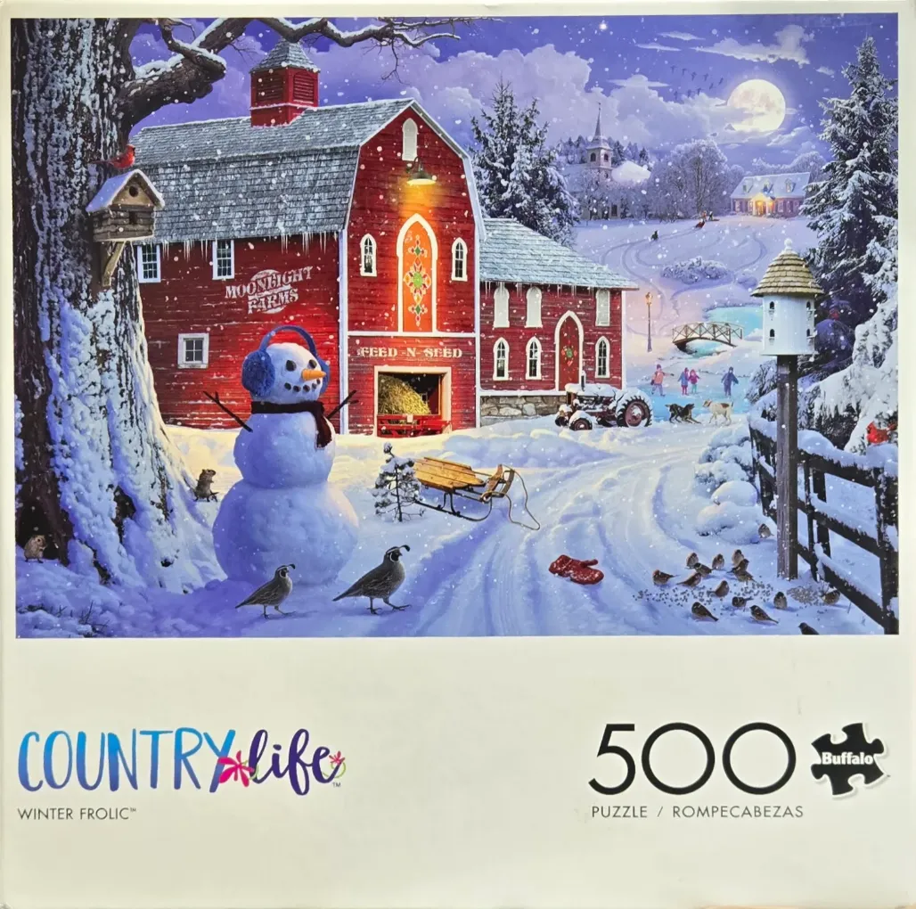 A winter farmhouse scene with a snowman, barn, and children playing under a full moon.