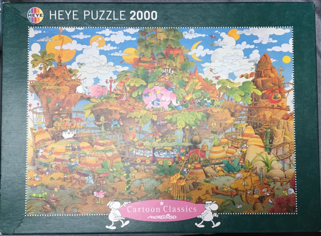 A detailed, whimsical cartoon illustration featuring a bustling mountain landscape filled with diverse animals and rides.