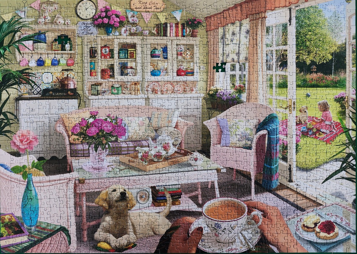 A cozy, illustrated sunroom featuring a tea party setting with a golden retriever, a garden view, and floral decor.