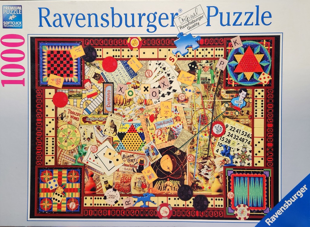 A collage of vintage board games, playing cards, and gaming pieces arranged in a cluttered, colorful composition.