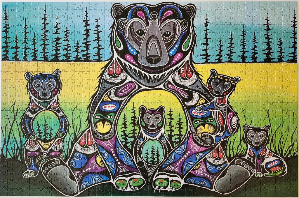 Indigenous-style art of a mother bear and three cubs in a landscape of yellow fields and dark pine trees.