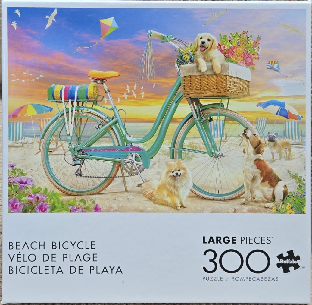 A whimsical illustration of a teal bicycle on a beach with three dogs and a sunset background.