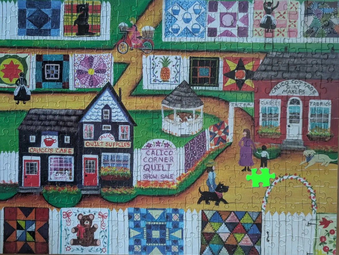 Folk art scene of a charming village with quilt shops and a garden path