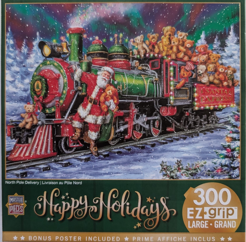 Santa Claus standing on a festive steam train loaded with teddy bears beneath a vibrant northern lights display.
