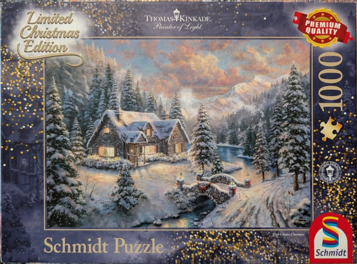 An oil painting of a cozy stone cottage in a snow-covered mountain landscape at dusk.