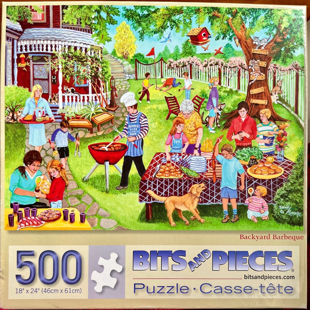 A lively backyard barbecue scene featuring many people, children, and pets on a sunny day.