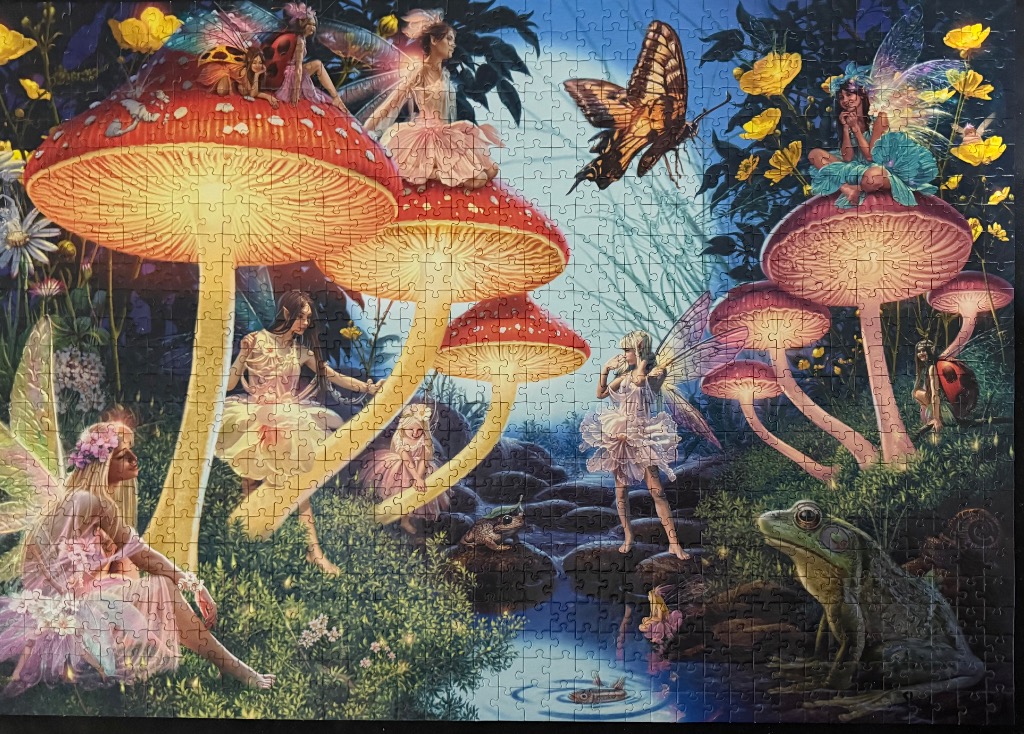 Fantasy illustration of fairies gathered around giant glowing mushrooms in a magical forest at night.