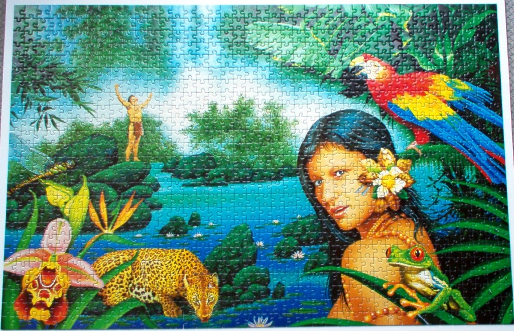 An illustration of a jungle landscape with a woman, a leopard, a macaw, and a man standing in a river.
