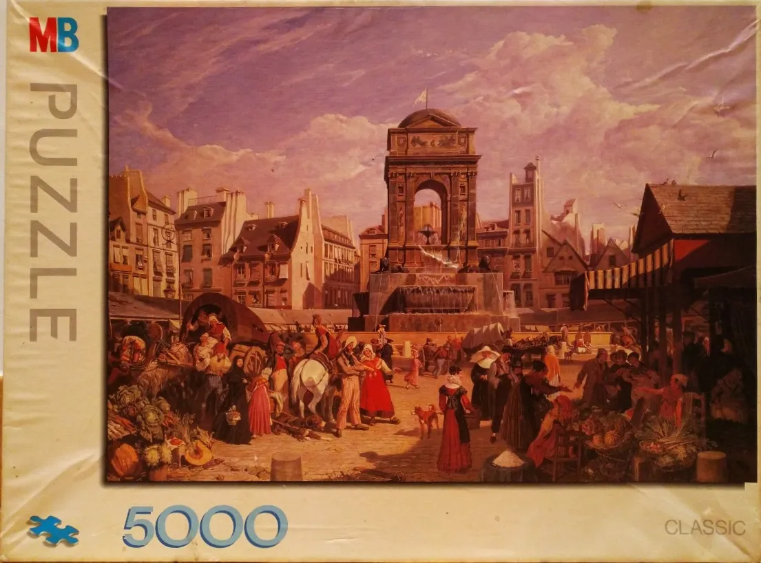 A painting of a bustling 19th-century European market square with a central fountain monument.