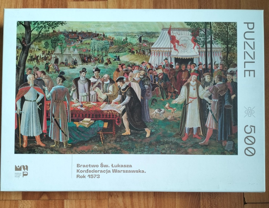 Historical painting depicting the Warsaw Confederation in 1573, featuring nobility at an outdoor gathering.